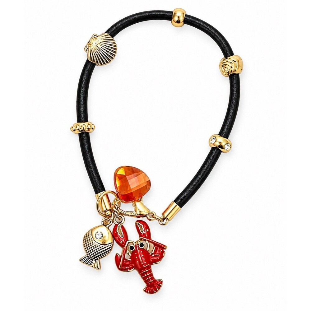 Black Cord Nautical Charm Bracelet Starfish Seahorse Lobster Fish Gold Tone 7.5”